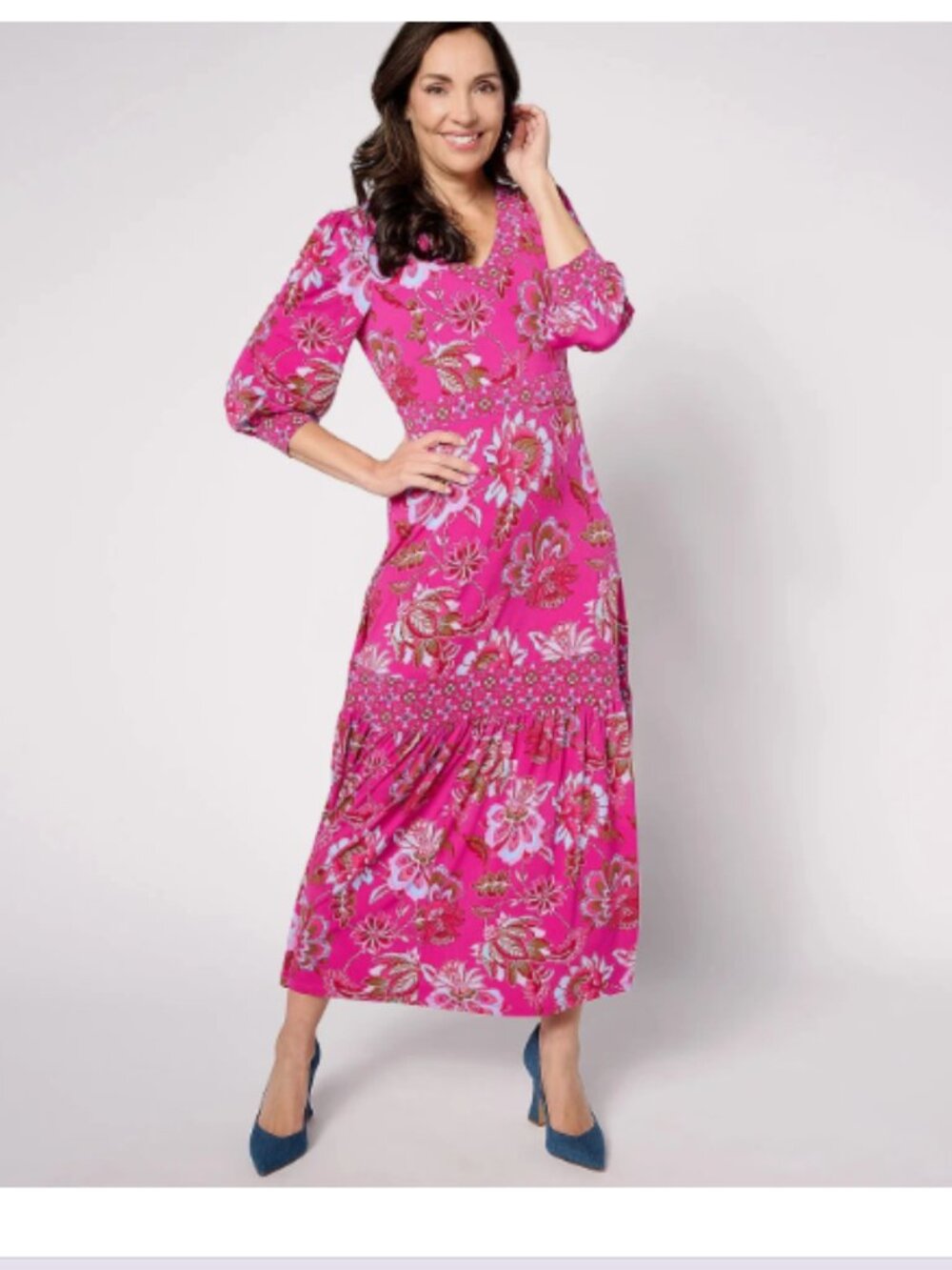 Susan Graver Passport Printed Liquid Knit Maxi Dress-Fuchsia/Peri-3X-NEW-A634090